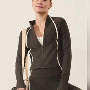 NWT Athleta Salutation Crop Jacket Deep Brown with Cream Stripe Size Large